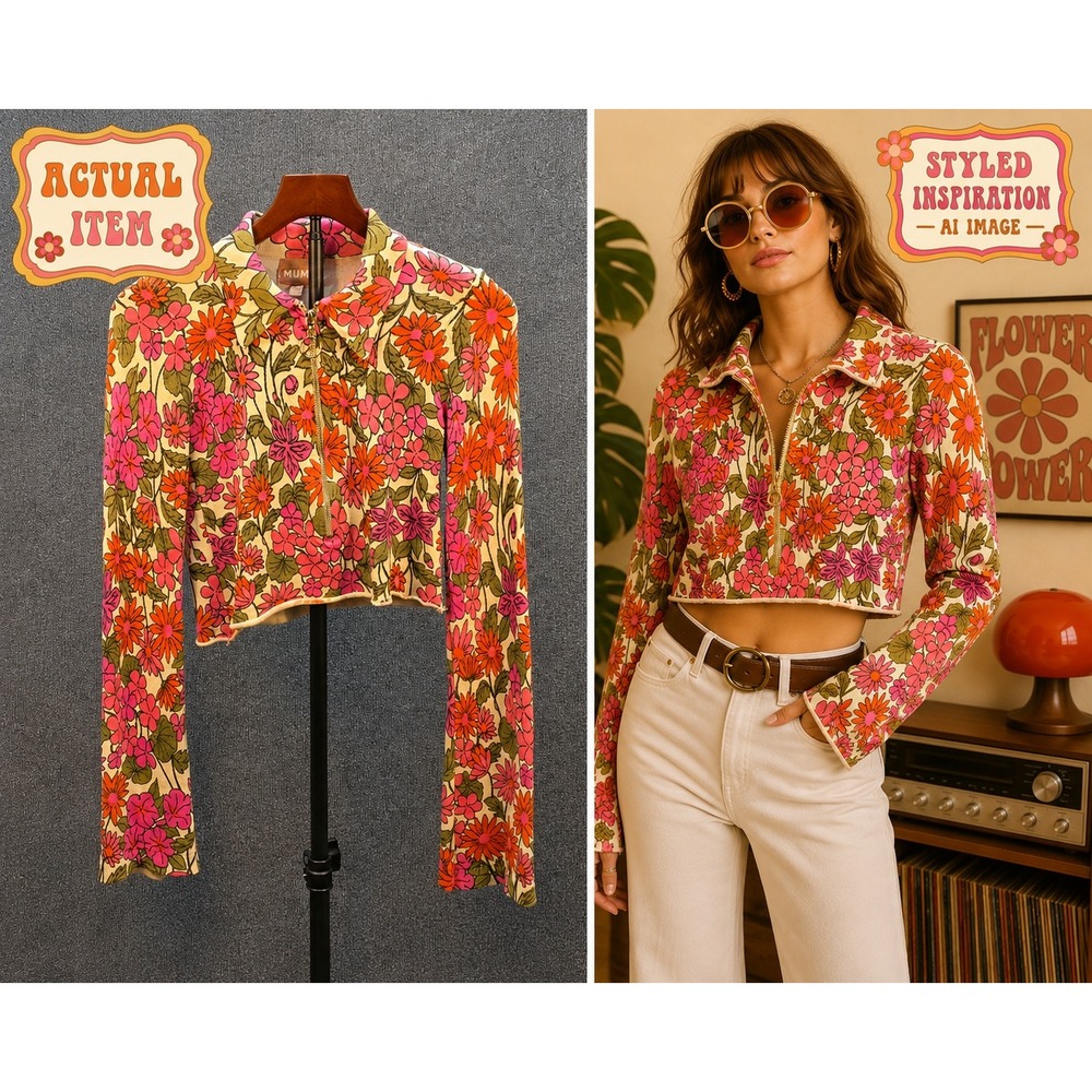 Show Me Your Mumu Floral Zip Up Cardigan Women Retro Pink XS Excellent 70s Boho